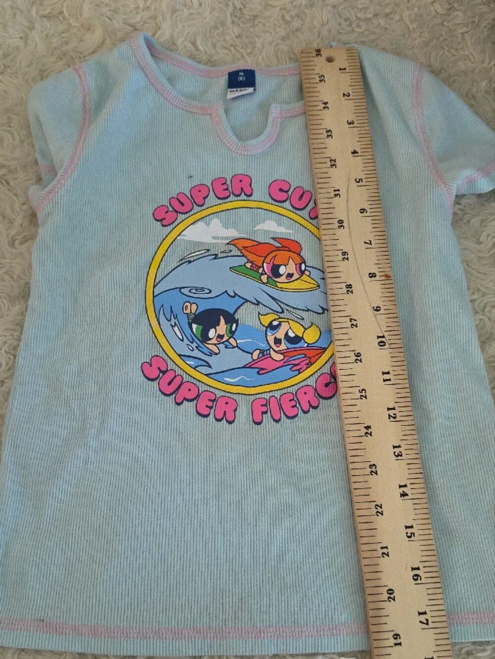 Old Navy Light Blue Ribbed Tee with Pink Trim & Powerpuff Graphic